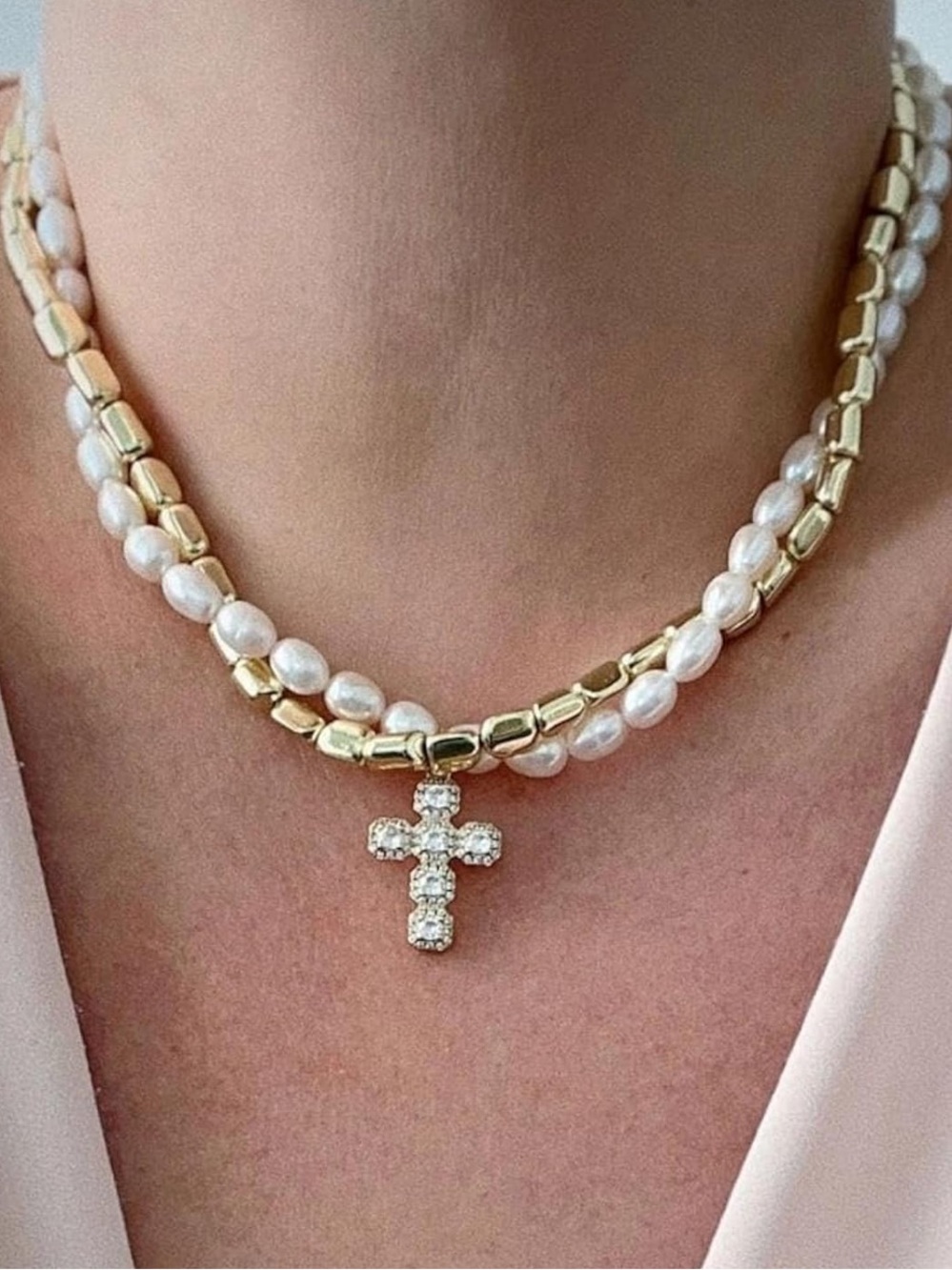 Free People Gold and White Pearl Double Strand Necklace with Crystal Cross